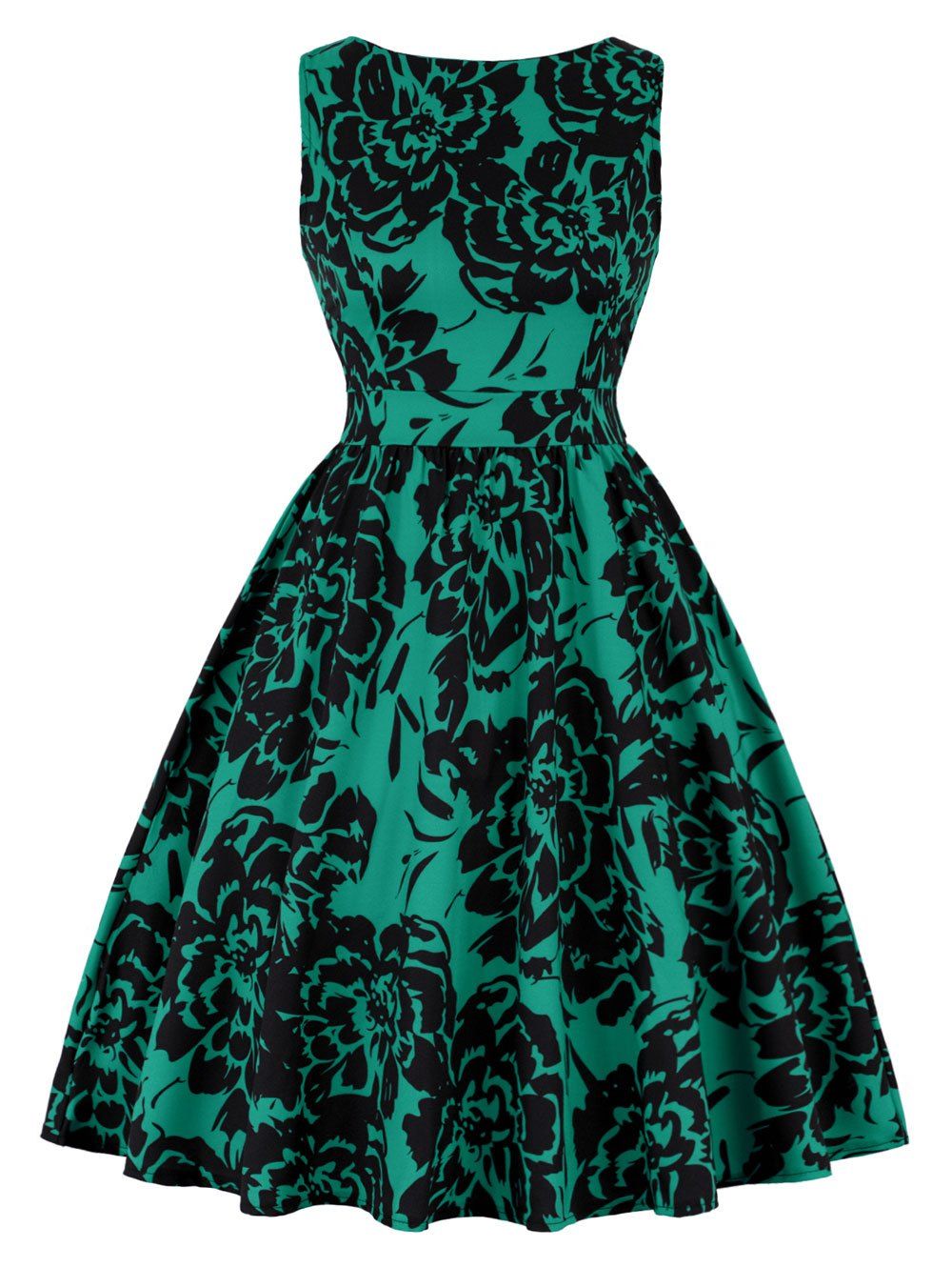 

Print High Waist A Line Vintage Dress, Green