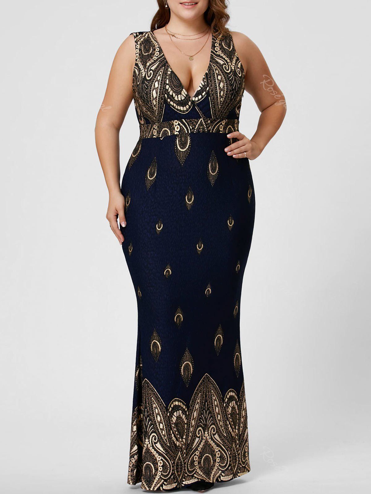 

Plus Size Plunging Sleeveless Mermaid Party Dress, Deep blue