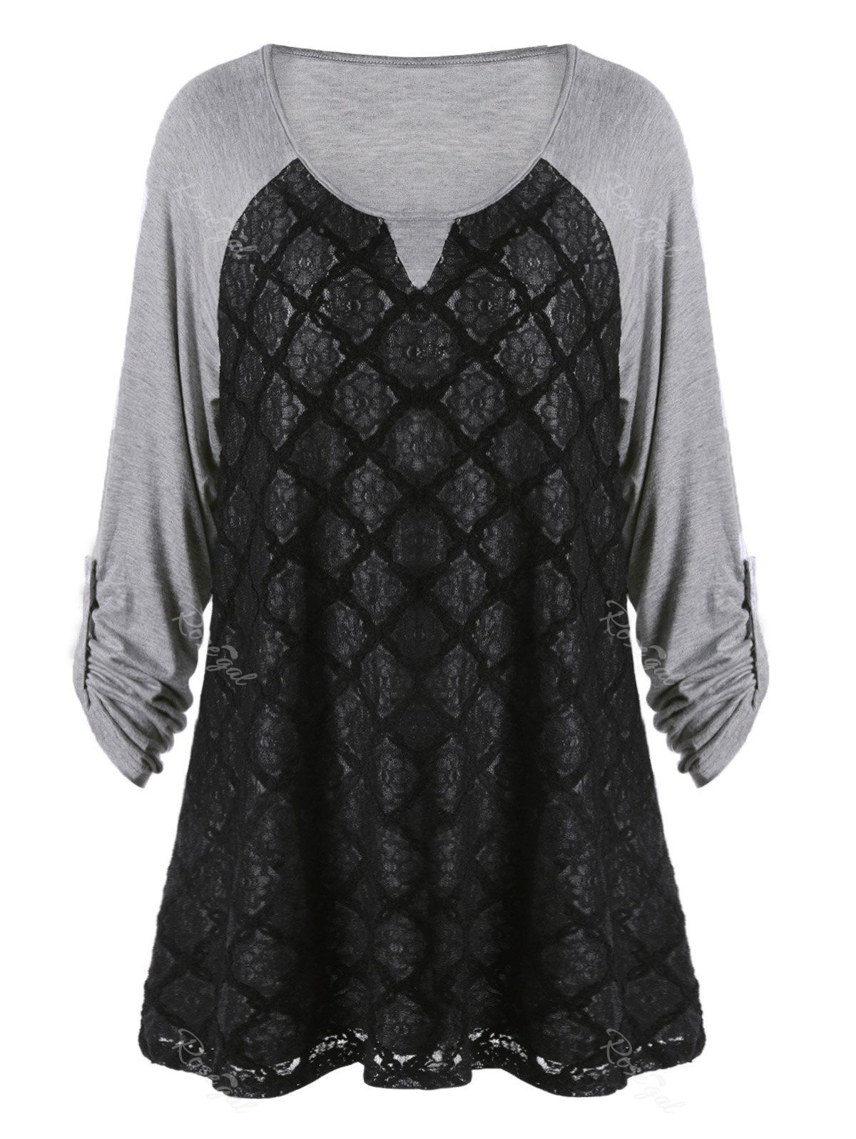 

Plus Size Lace Panel Raglan Sleeve Top, Black and grey