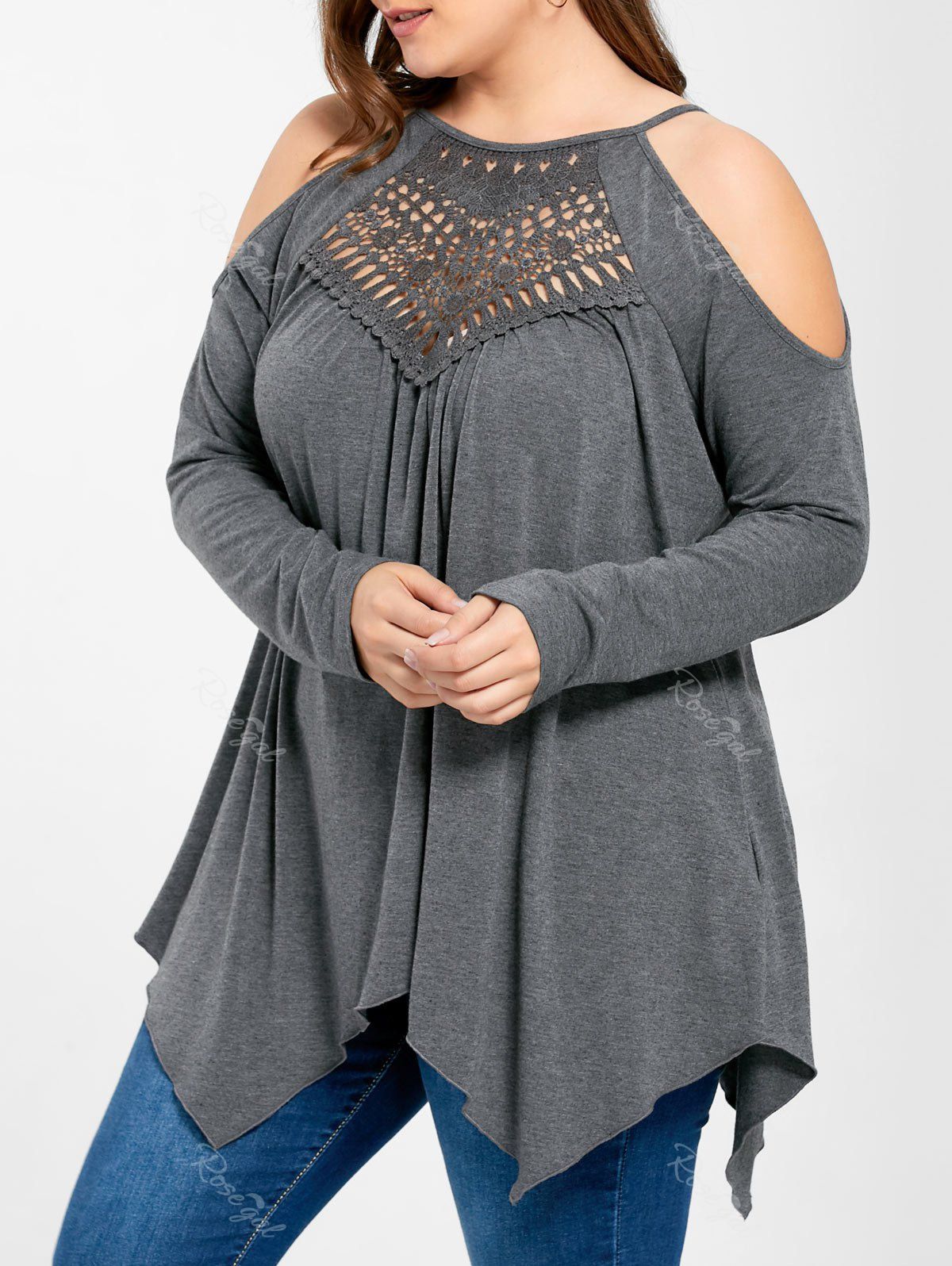 

Plus Size Openwork Cold Shoulder Tee, Gray
