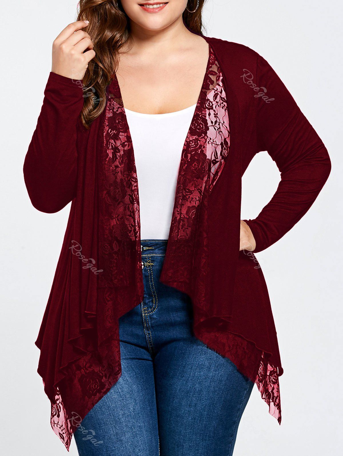 

Plus Size Lace Trim Open Front Cardigan, Wine red