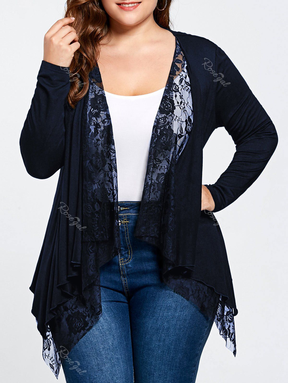 

Plus Size Lace Trim Open Front Cardigan, Purplish blue
