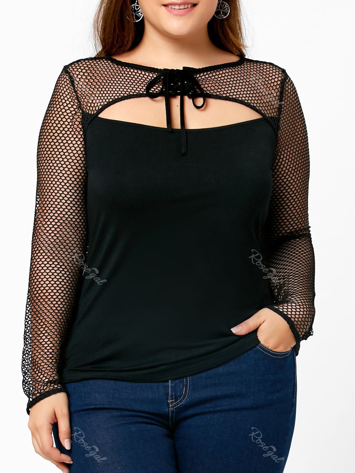 

Mesh Insert Plus Size Cut Out Blouse, Black