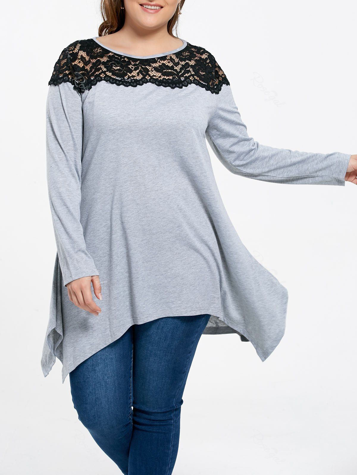 

Plus Size Asymmetrical Lace Panel Tee, Gray