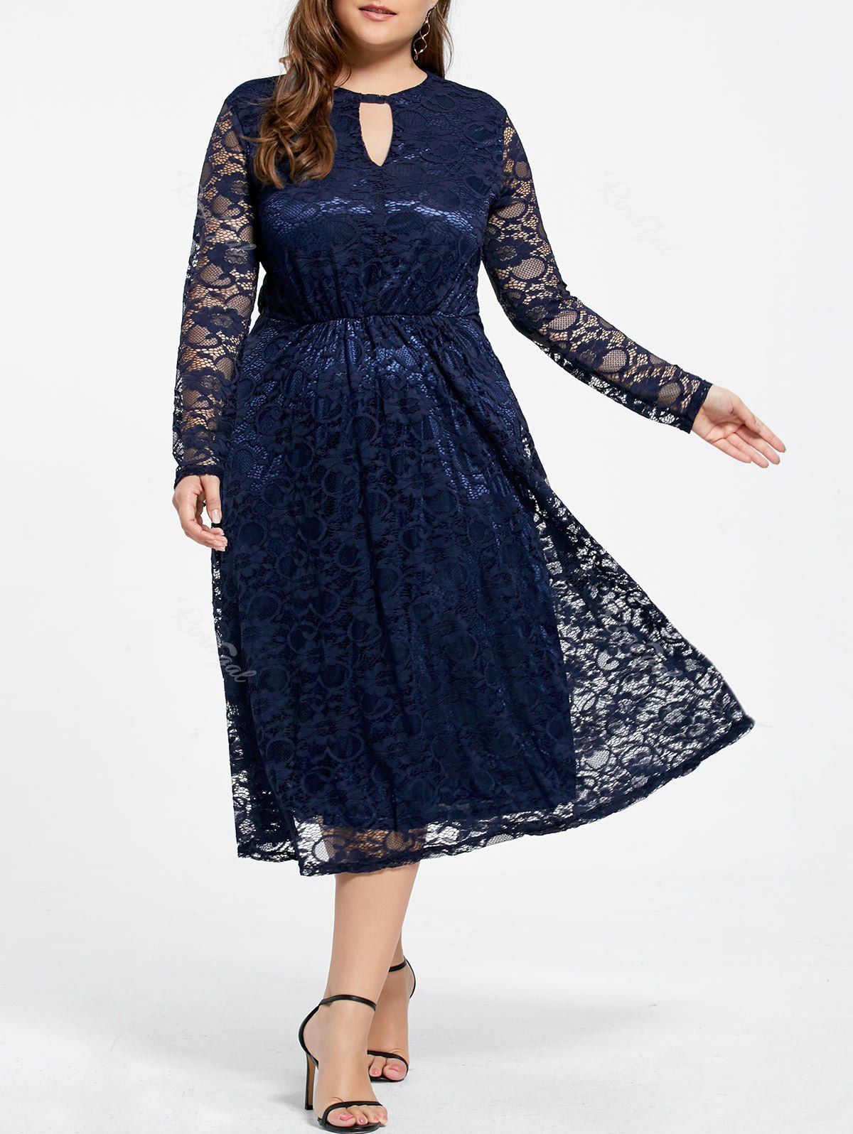 [11% OFF] Plus Size Tea Length Keyhole Lace Evening Dress | Rosegal
