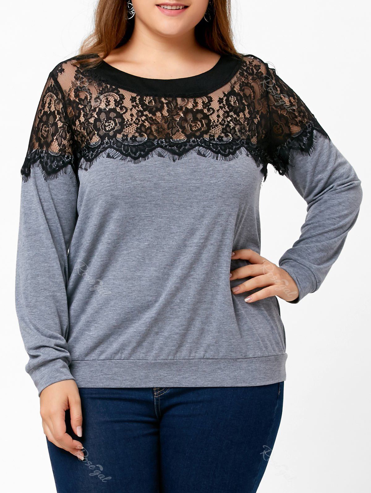 

Lace Inser Plus Size Two Tone Top, Gray