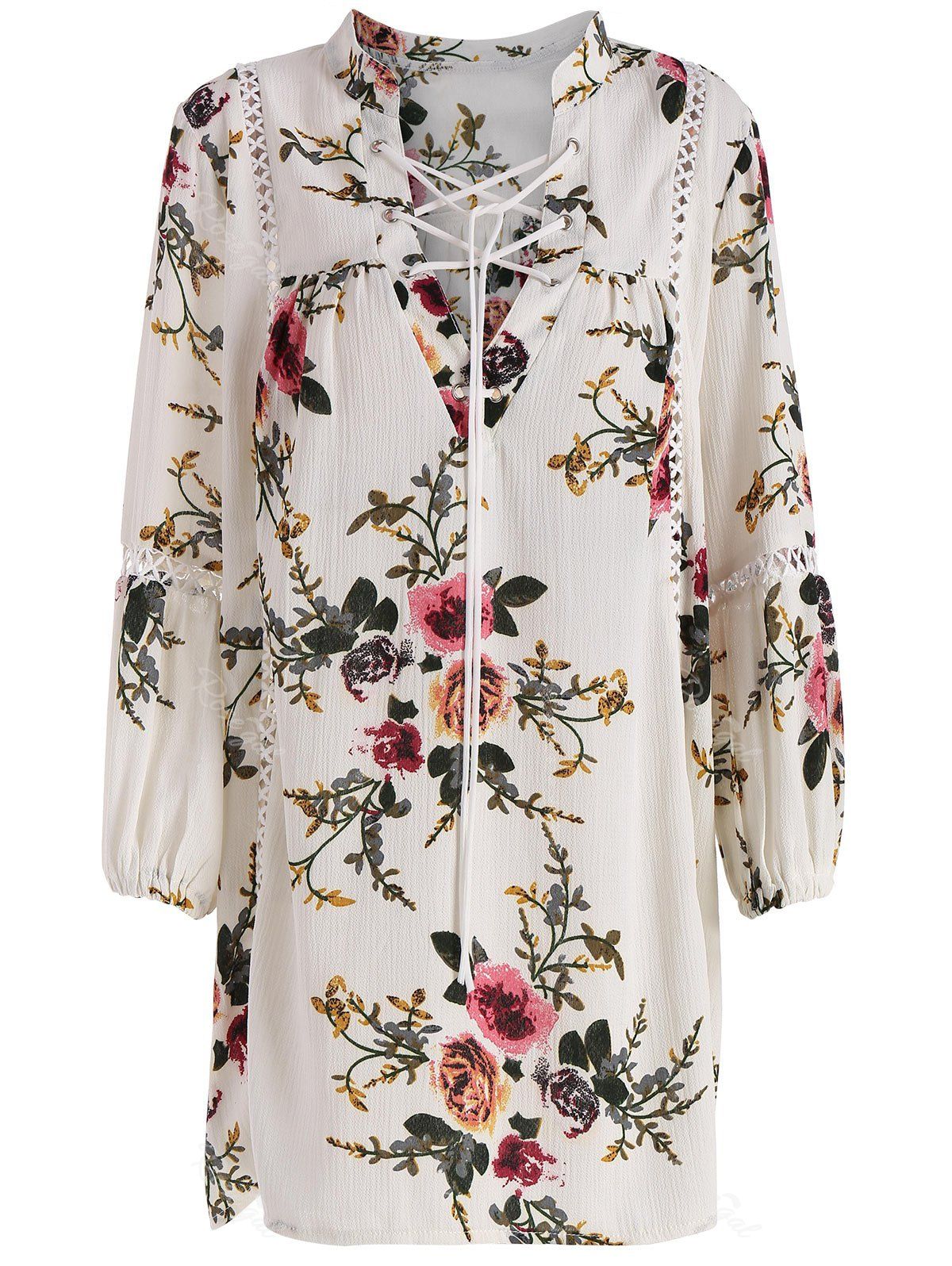 

Floral Plus Size Lace Up Hollow Out Top, Crystal cream
