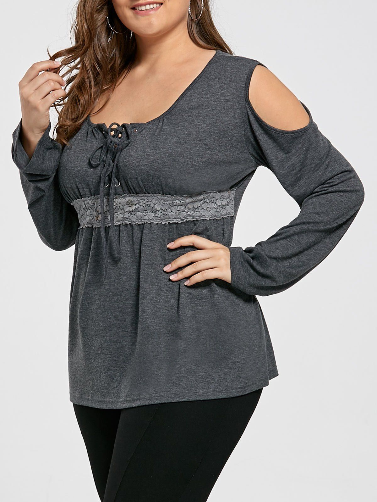 

Cold Shoulder Lace Up Plus Size Top, Gray