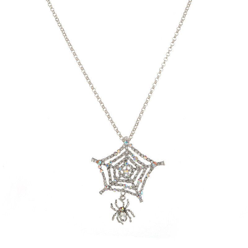 

Rhinestone Charm Halloween Spider Web Necklace, Silver