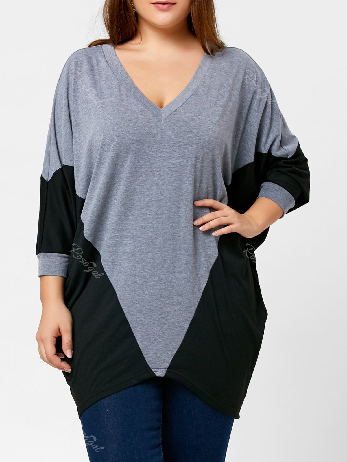 

Two Tone Plus Size Dolman Sleeve Top, Black and grey