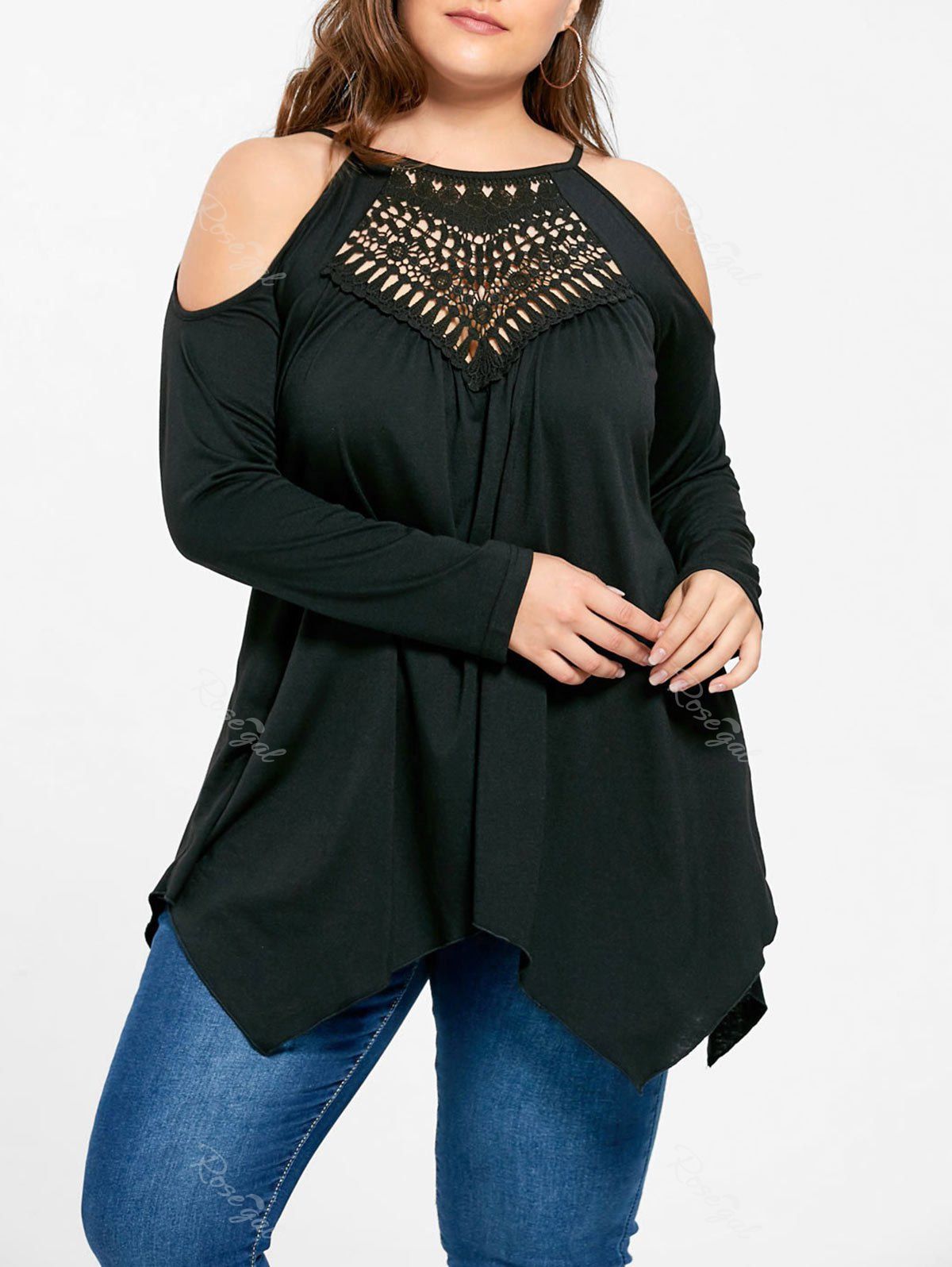 

Plus Size Openwork Cold Shoulder Tee, Black