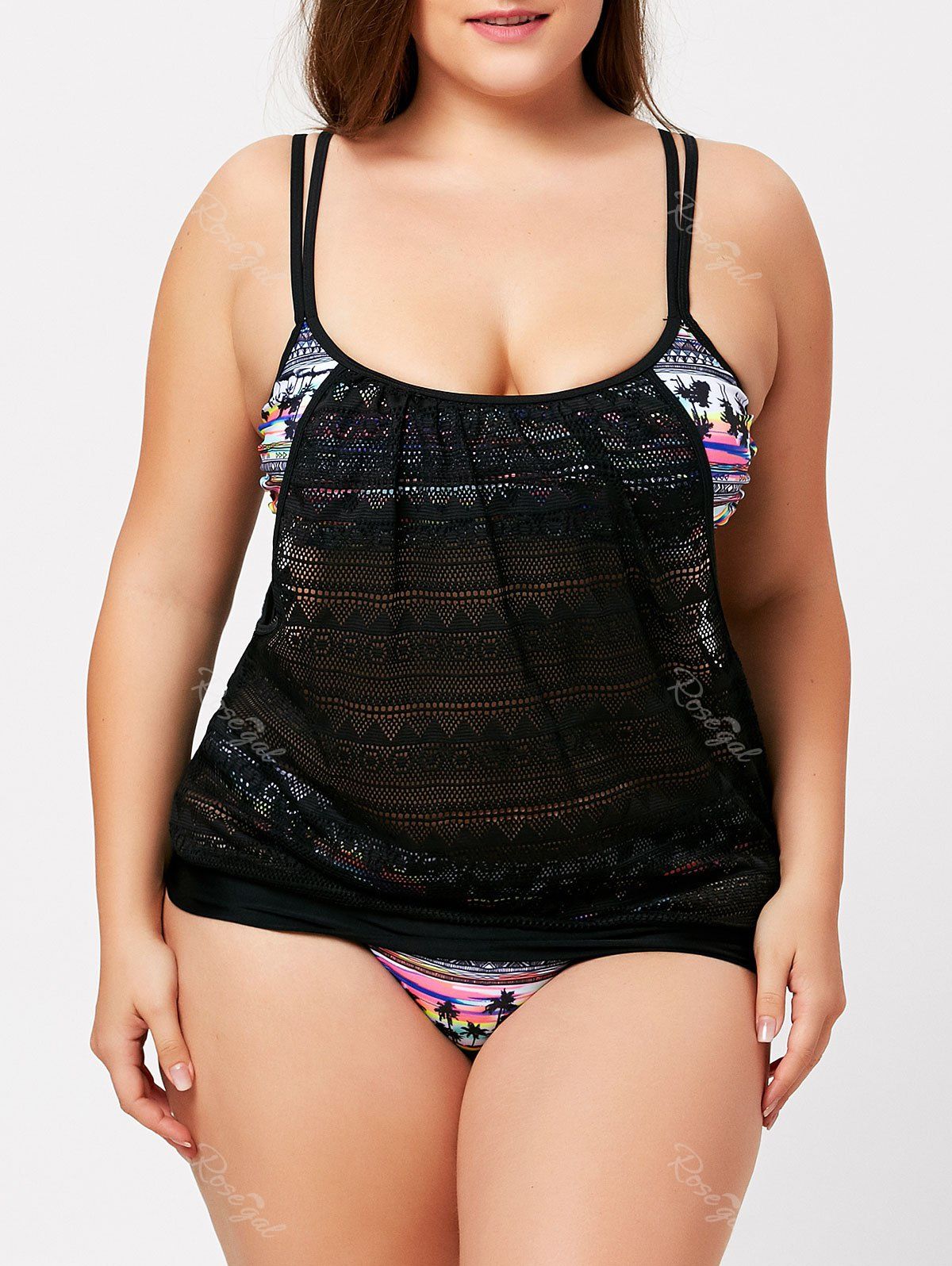 

Plus Size Printed Blouson Tankini Set, Black