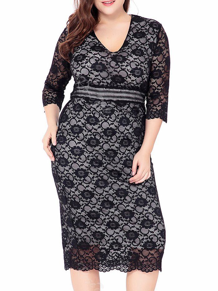 

V Neck Plus Size Midi Lace Sheath Dress, Black