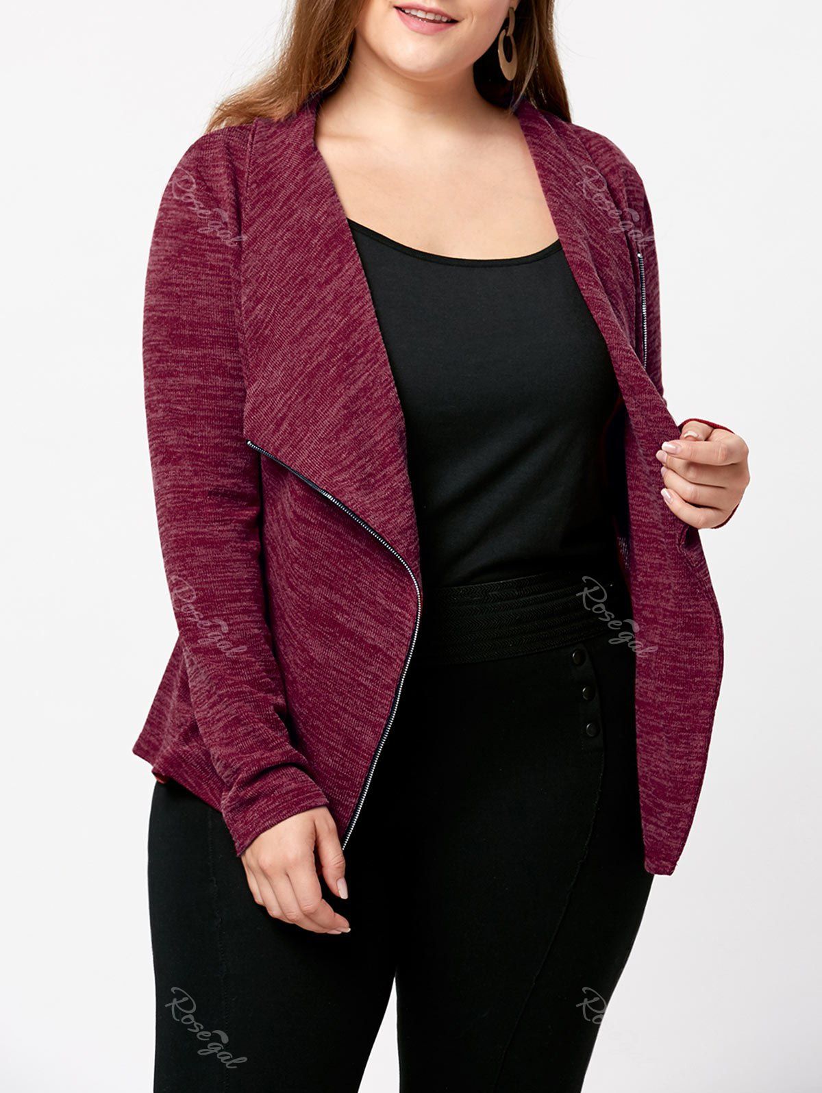 

Plus Size Marled Zipper Up Cardigan, Purplish red