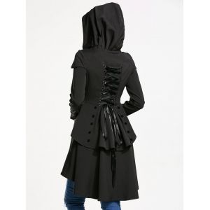 Black 2xl Lace Up Layered High Low Hooded Coat | RoseGal.com