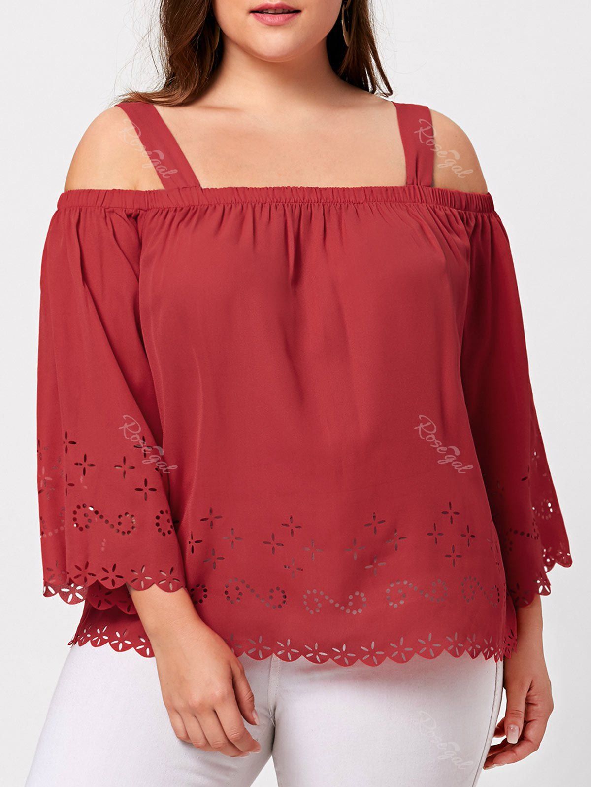 

Cold Shoulder Hollow Out Plus Size Scalloped Blouse, Red