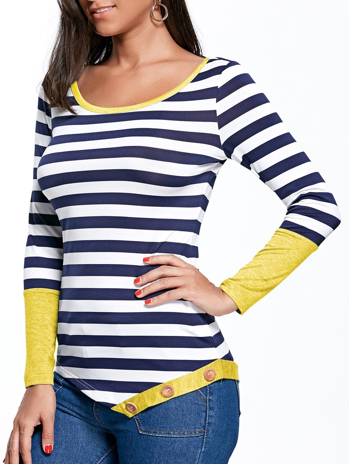 

Button Embellished Striped Asymmetric Top, Yellow