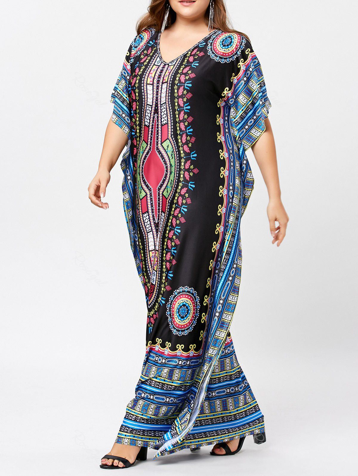 [24% OFF] Tribal Print Butterfly Sleeve Plus Size Maxi Dress | Rosegal