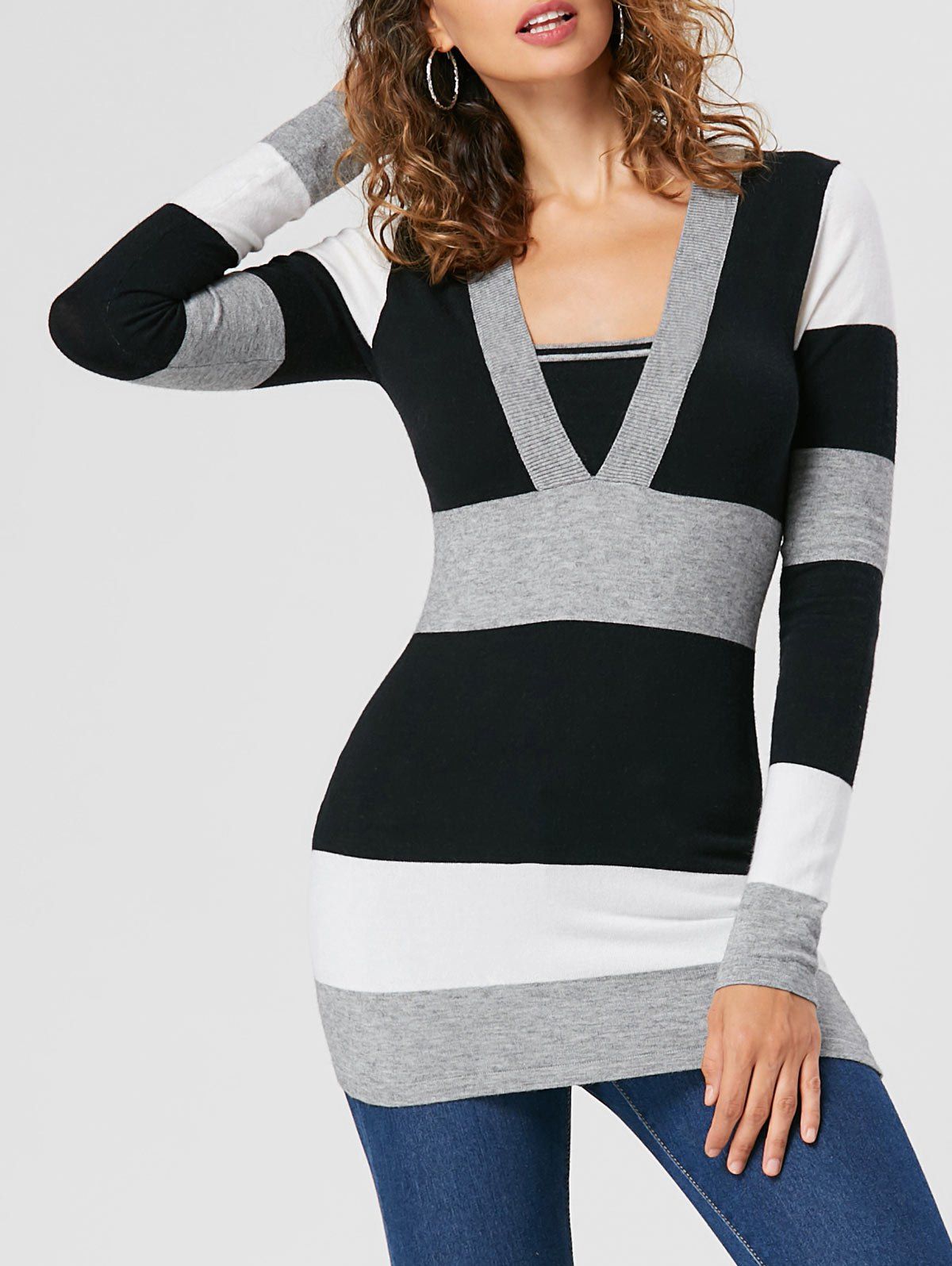 

Empire Waist Striped Slim Sweater, Black