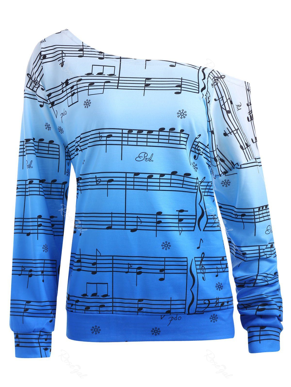 

Plus Size Music Note Print Skew Neck Sweatshirt, Blue