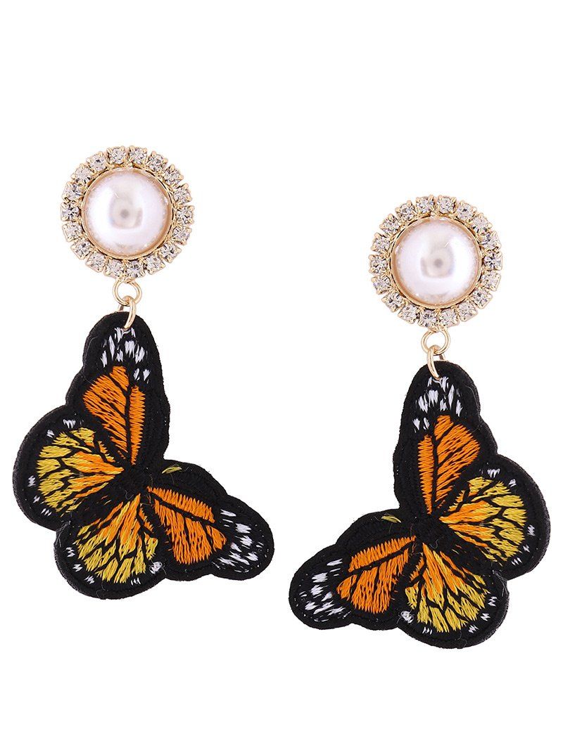 Unique Rhinestone Faux Pearl Embroidery Butterfly Earrings  