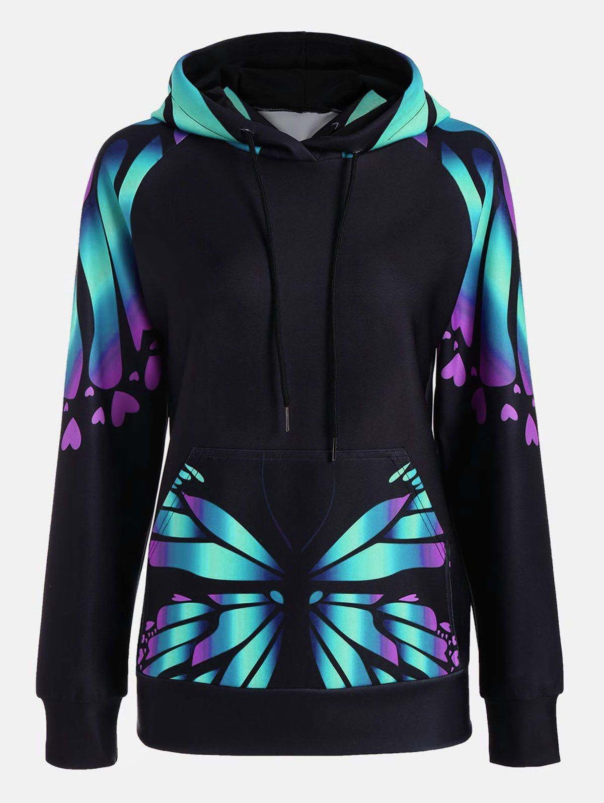 

Butterfly Print Raglan Sleeve Kangaroo Hoodie, Green