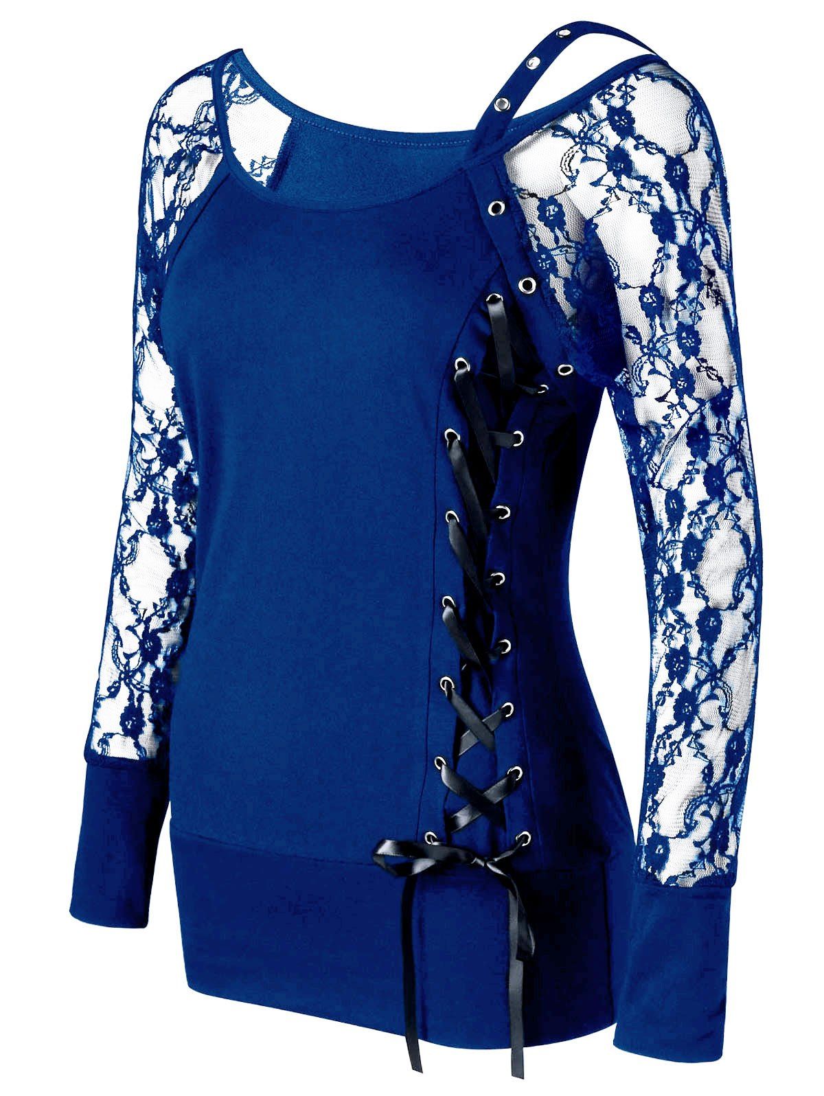 

Raglan Sleeve Fitted Lace Up Top, Blue