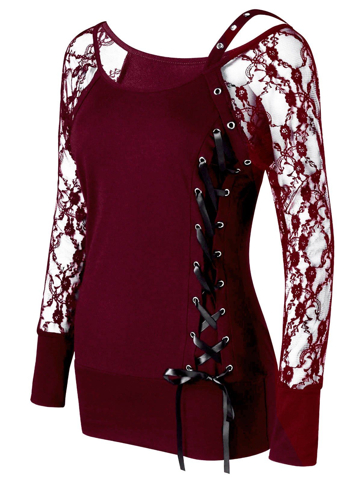 

Raglan Sleeve Fitted Lace Up Top, Wine red