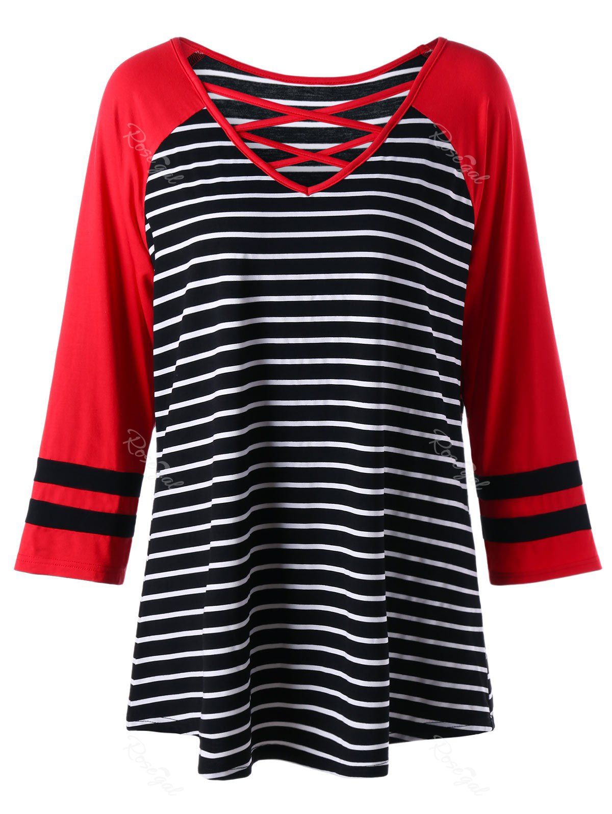 

Plus Size Raglan Sleeve Striped Tunic Top, Red