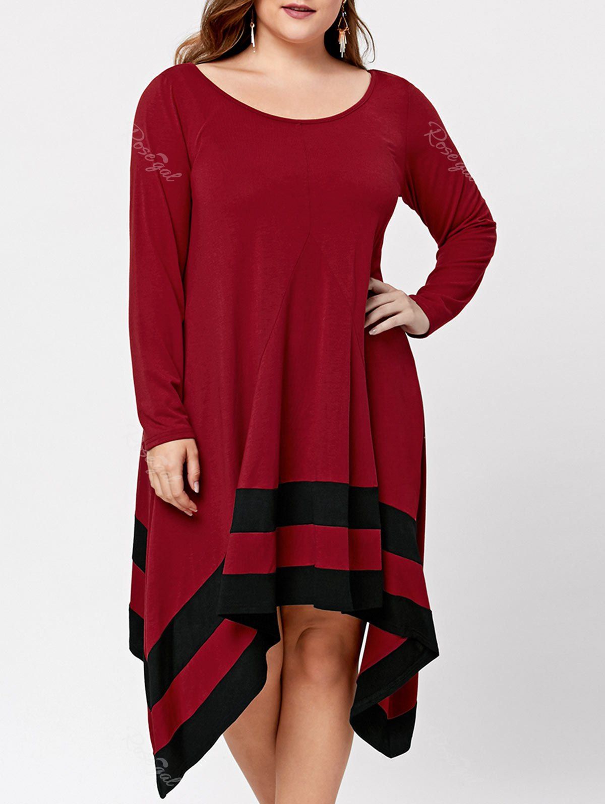 

Plus Size Two Tone Asymmetric Long Sleeve Dress, Black&red