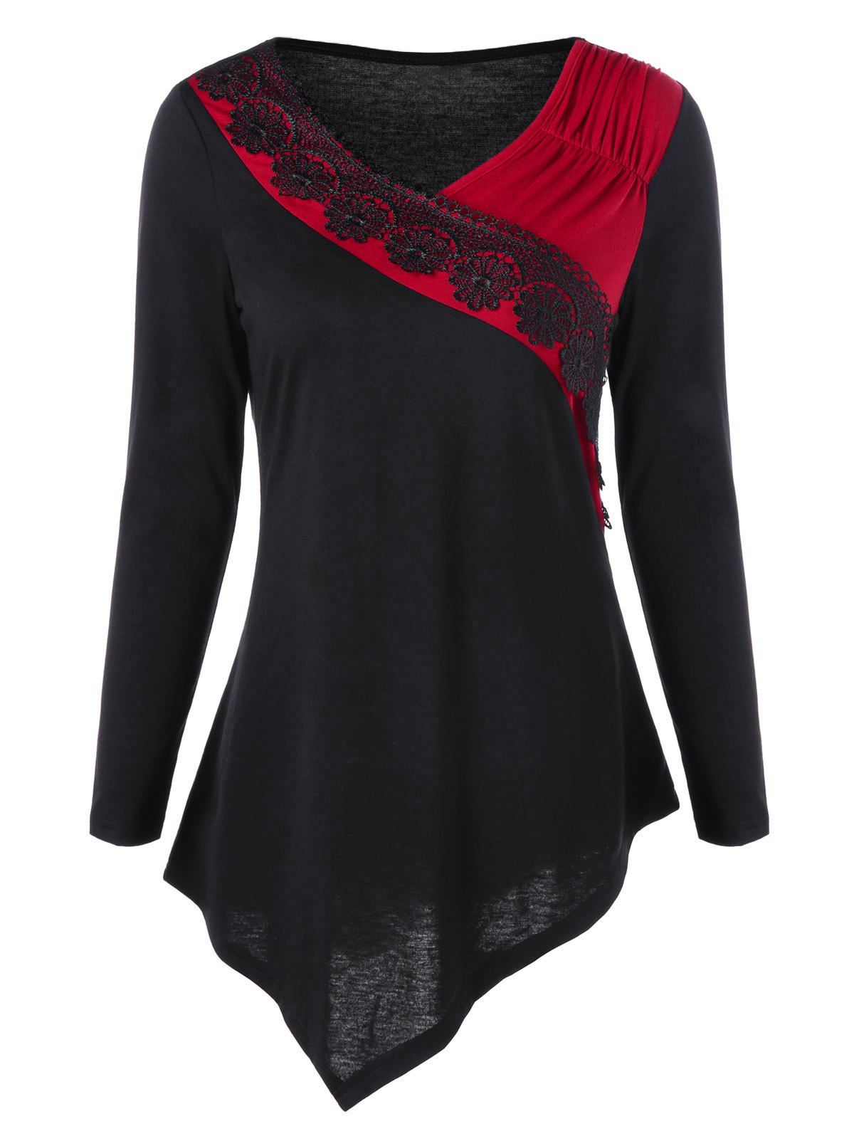 

Two Tone Lace Trim Asymmetrical Top, Red