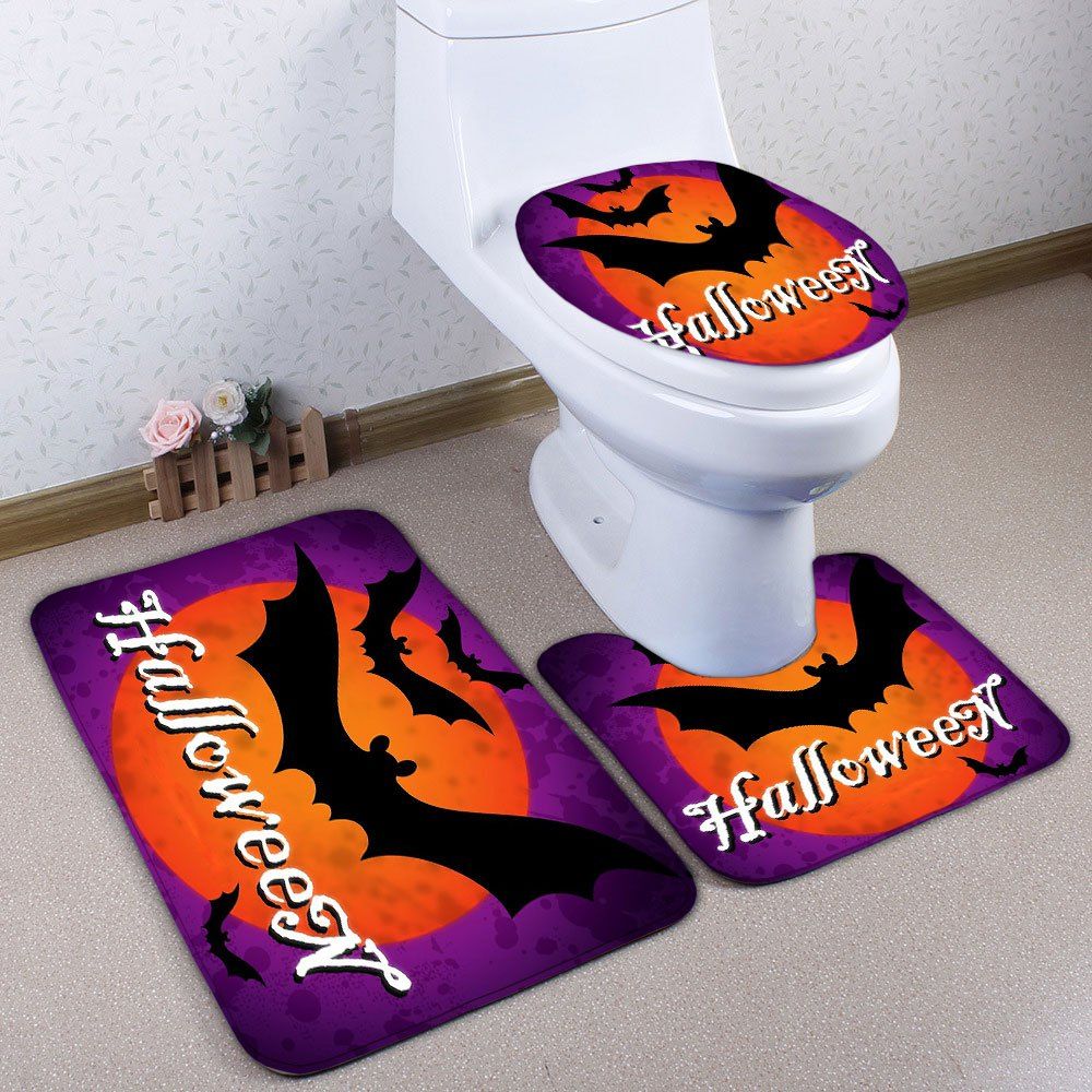 

Halloween Bat 3PCS Flannel Bath Toilet Mats Set, Purple