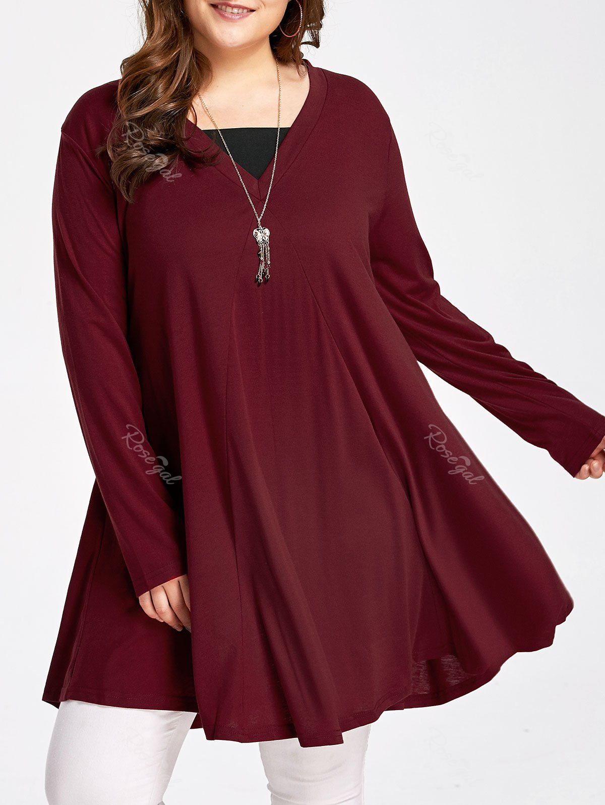 

Long Sleeve Plus Size Flowy Swing T-shirt, Wine red