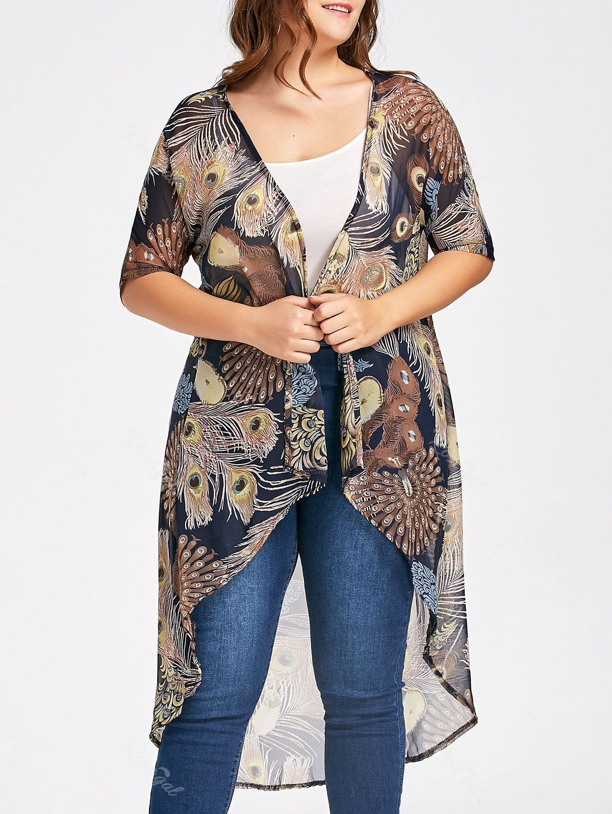 

Plus Size Feather Printed Long Chiffon Kimono Top, Brown
