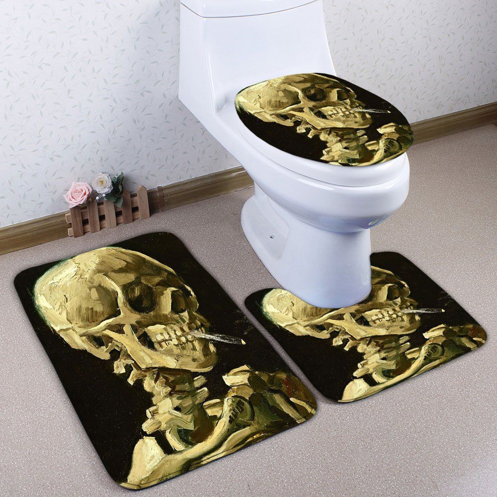 

Flannel Bathroom 3PCS Skull Print Toilet Mats Set, Black