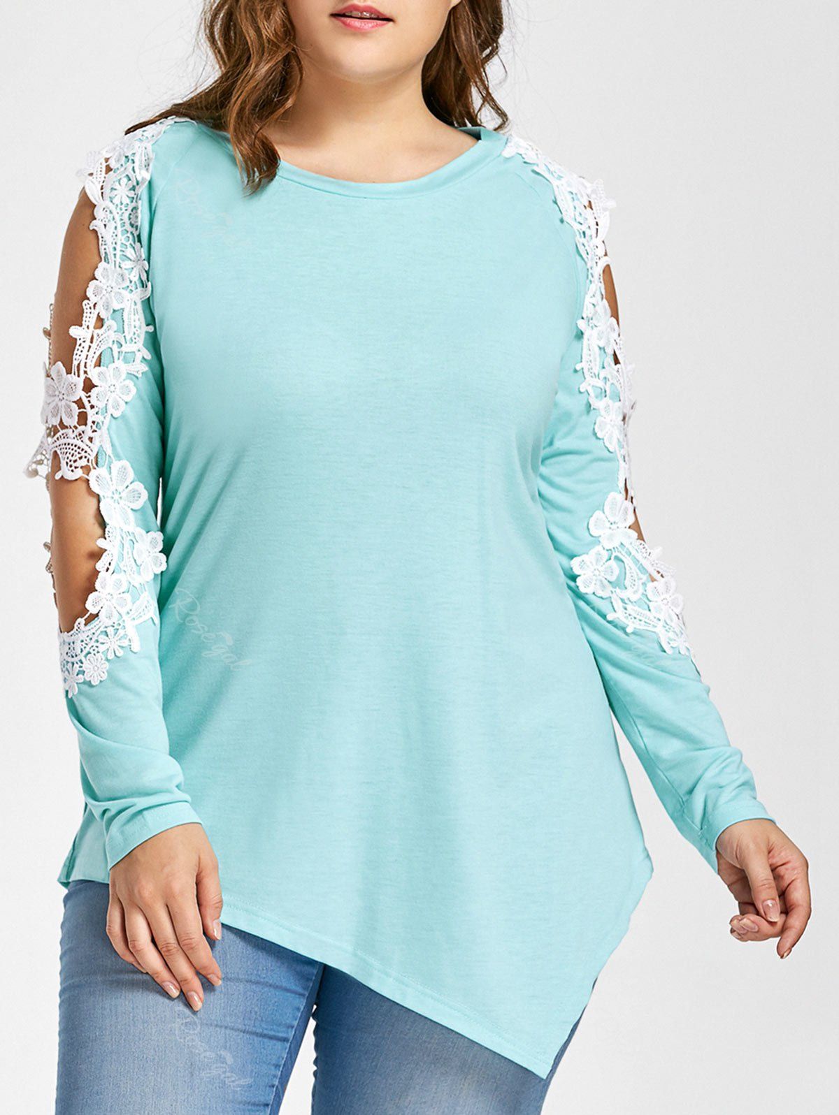 

Plus Size Lace Panel Asymmetrical Cold Shoulder Tee, Breezy