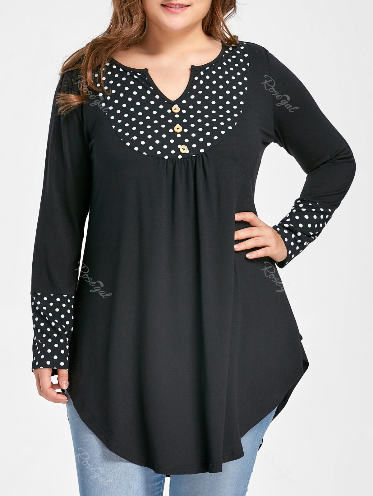 

Plus Size Polka Dot Curved Hem Top, Black