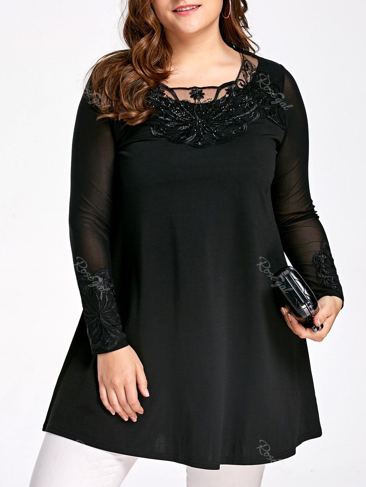 [27% OFF] Lace Mesh Panel Plus Size Tunic Top | Rosegal