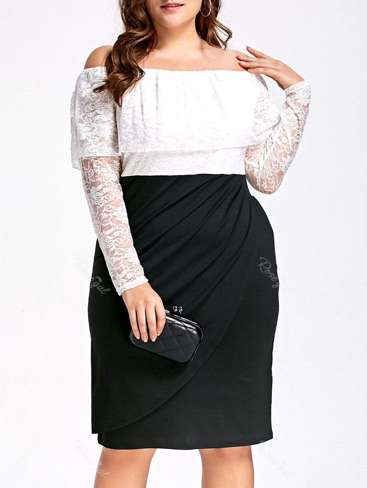

Lace Plus Size Off Shoulder Two Tone Sheath Dress, White and black
