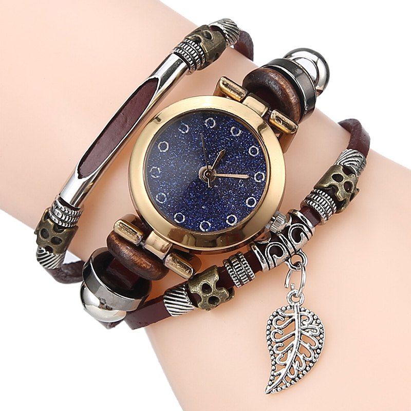 

Glitter Powder Face Leaf Charm Bracelet Watch, Espresso