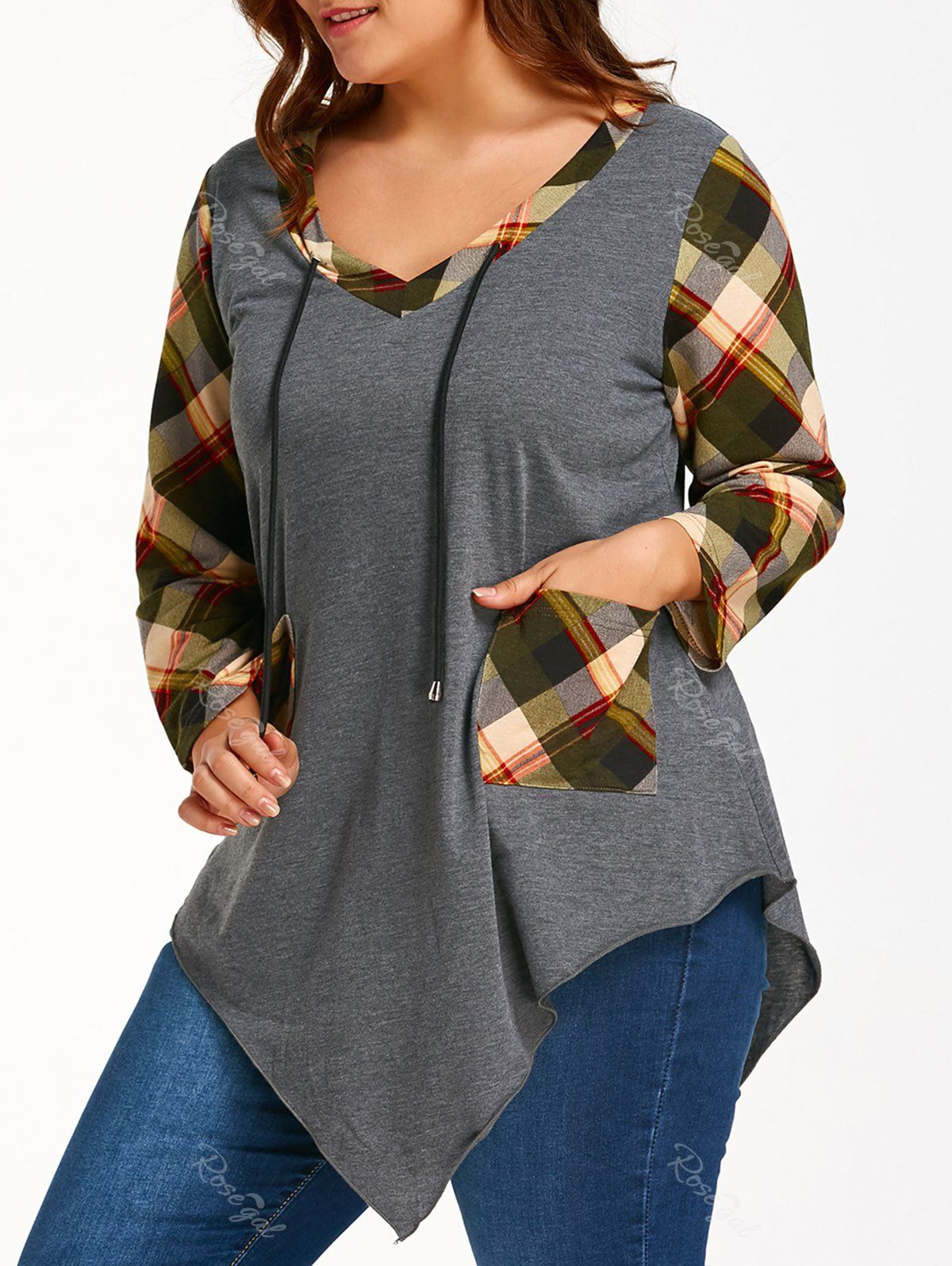 

Tartan Plus Size Long Sleeve Asymmetrical T-shirt, Grey and green