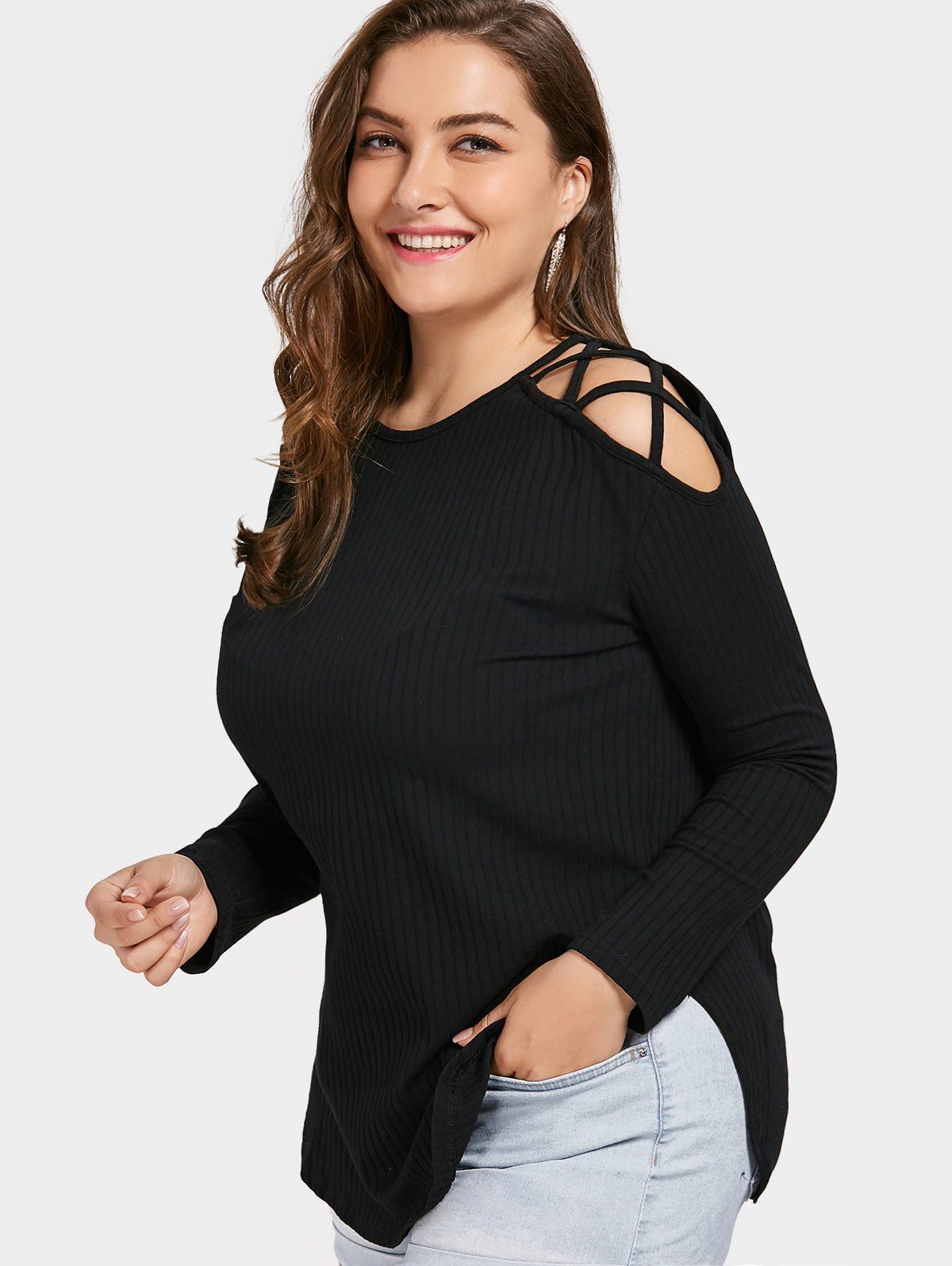 

Strappy Cold Shoulder Plus Size T-shirt, Black