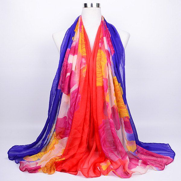 

Flower Print Color Block Voile Wrap Scarf, Red blue