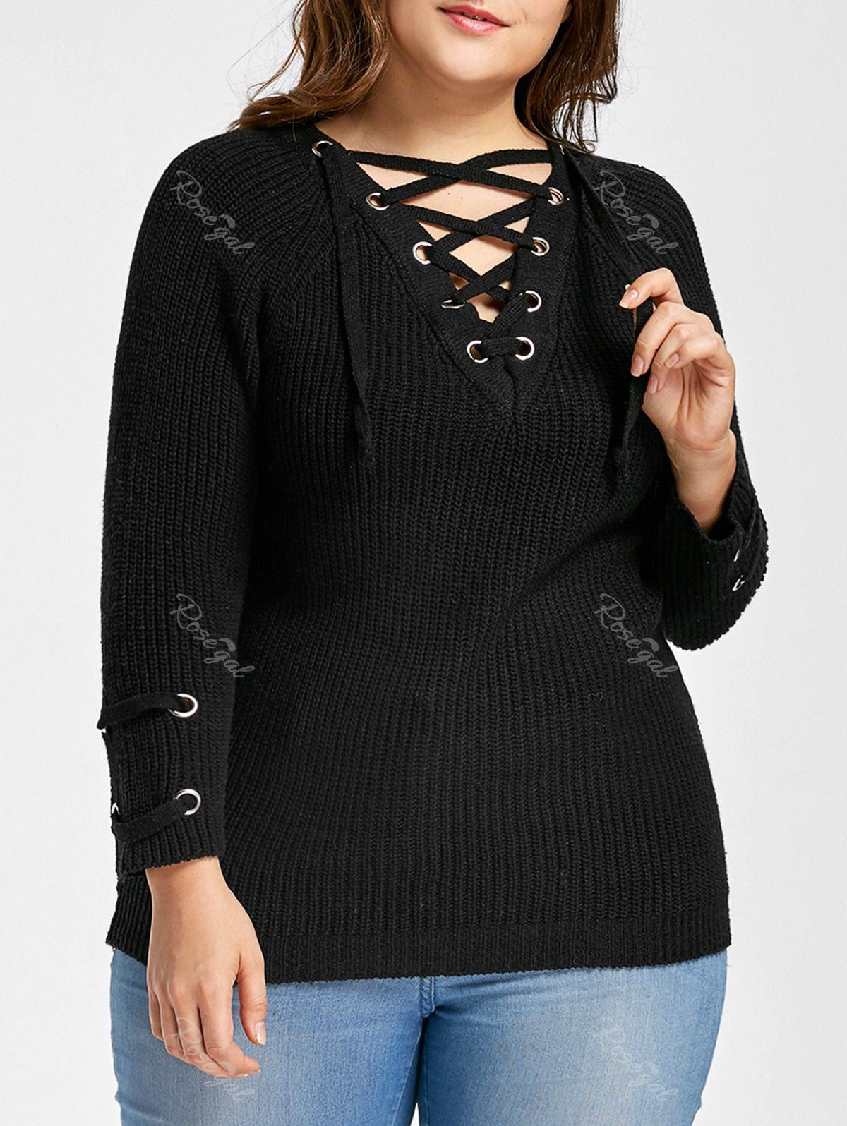 

Plus Size Raglan Sleeve Lace Up Sweater, Black