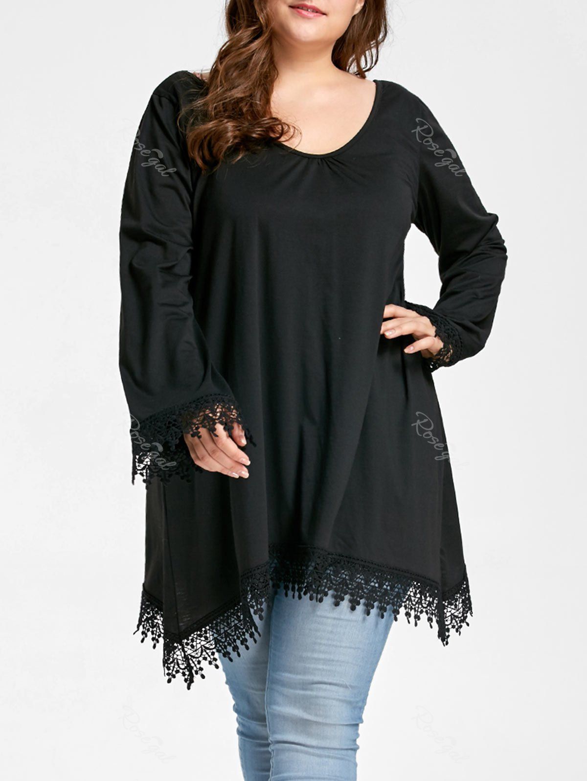 

Plus Size Asymmetrical Lace Panel Scoop Neck Tee, Black