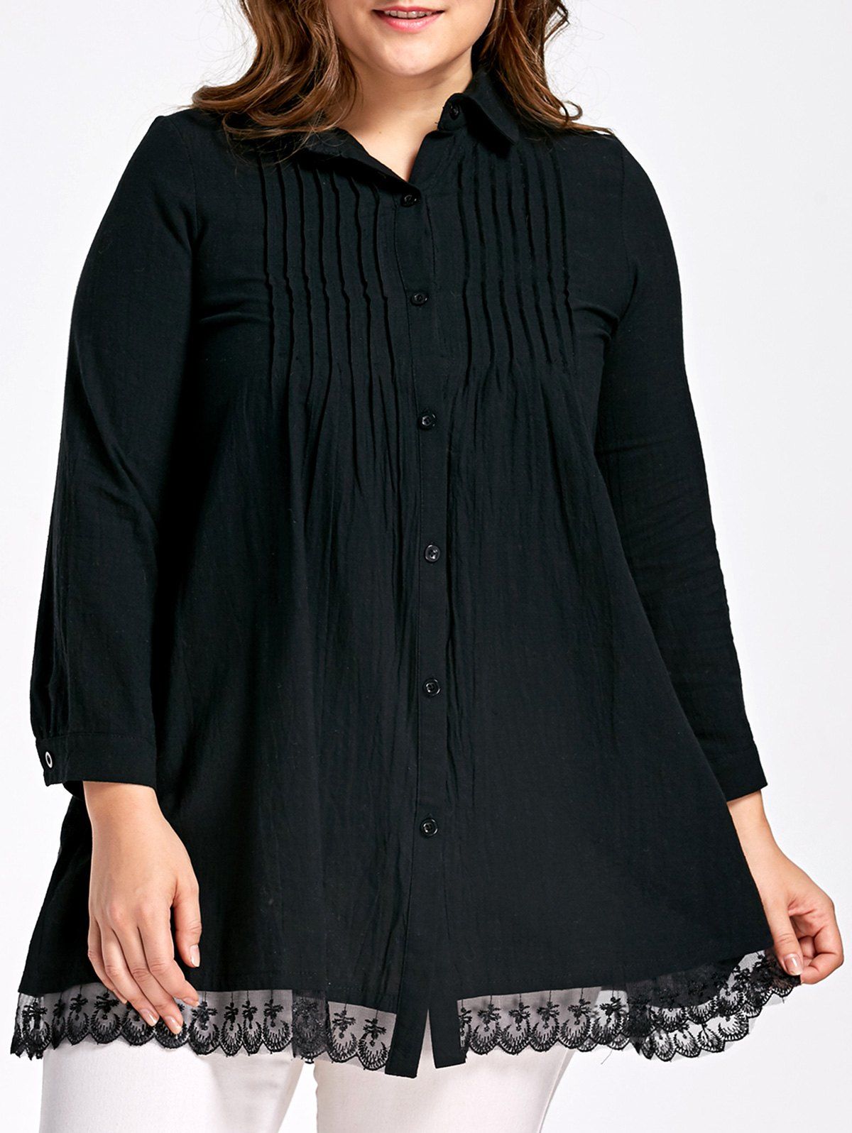 

Pleated Plus Size Button Up Blouse, Black