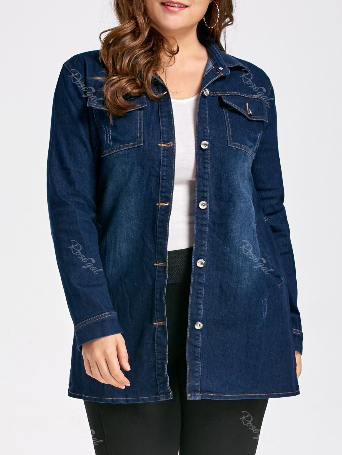 

Long Plus Size Ripped Denim Coat, Denim blue