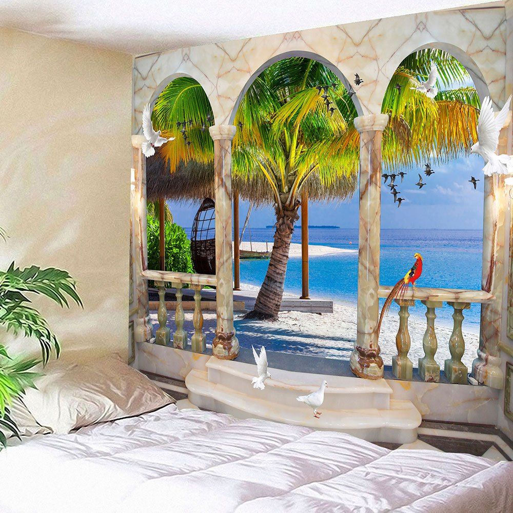 

Window Birds Coconut Tree Seaside Waterproof Wall Tapestry, Blue