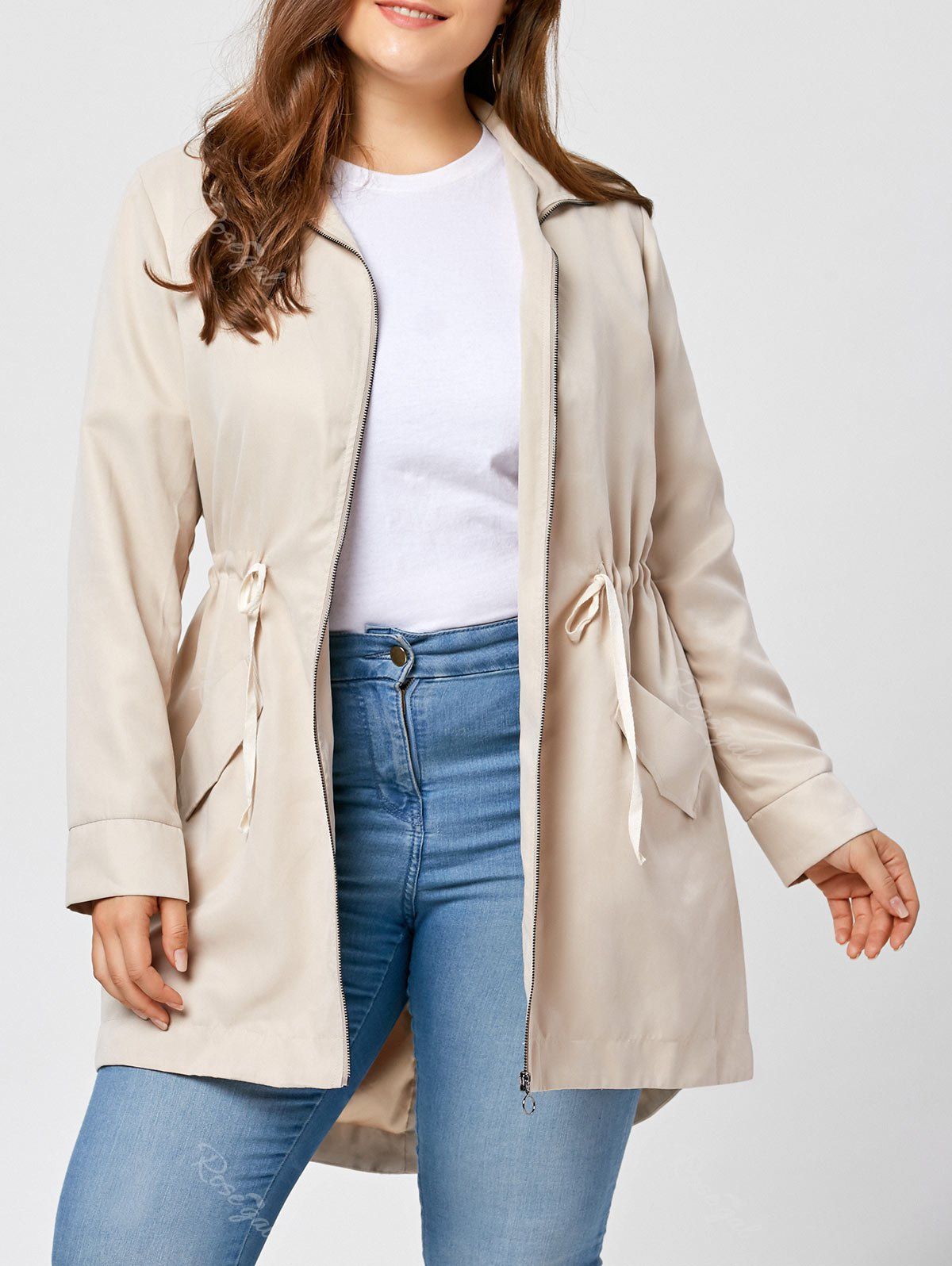 

Plus Size High Low Zip Up Coat, Apricot