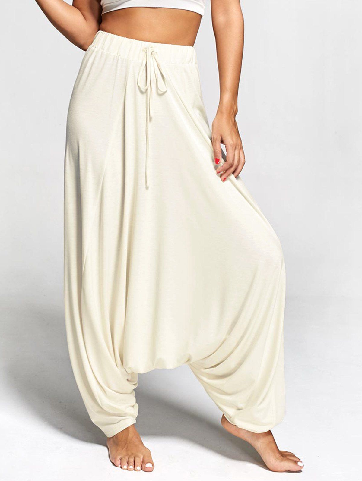 

Drawstring Drop Bottom Harem Pants, Pearl beige